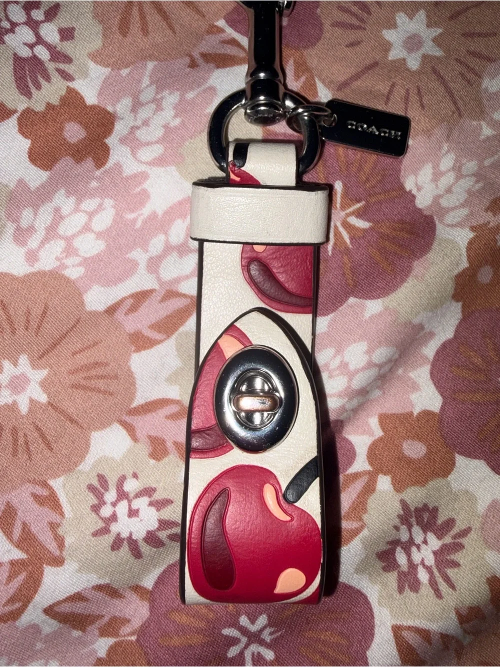Coach Cream Leather Key holder or purse extender with Red Cherry Motif